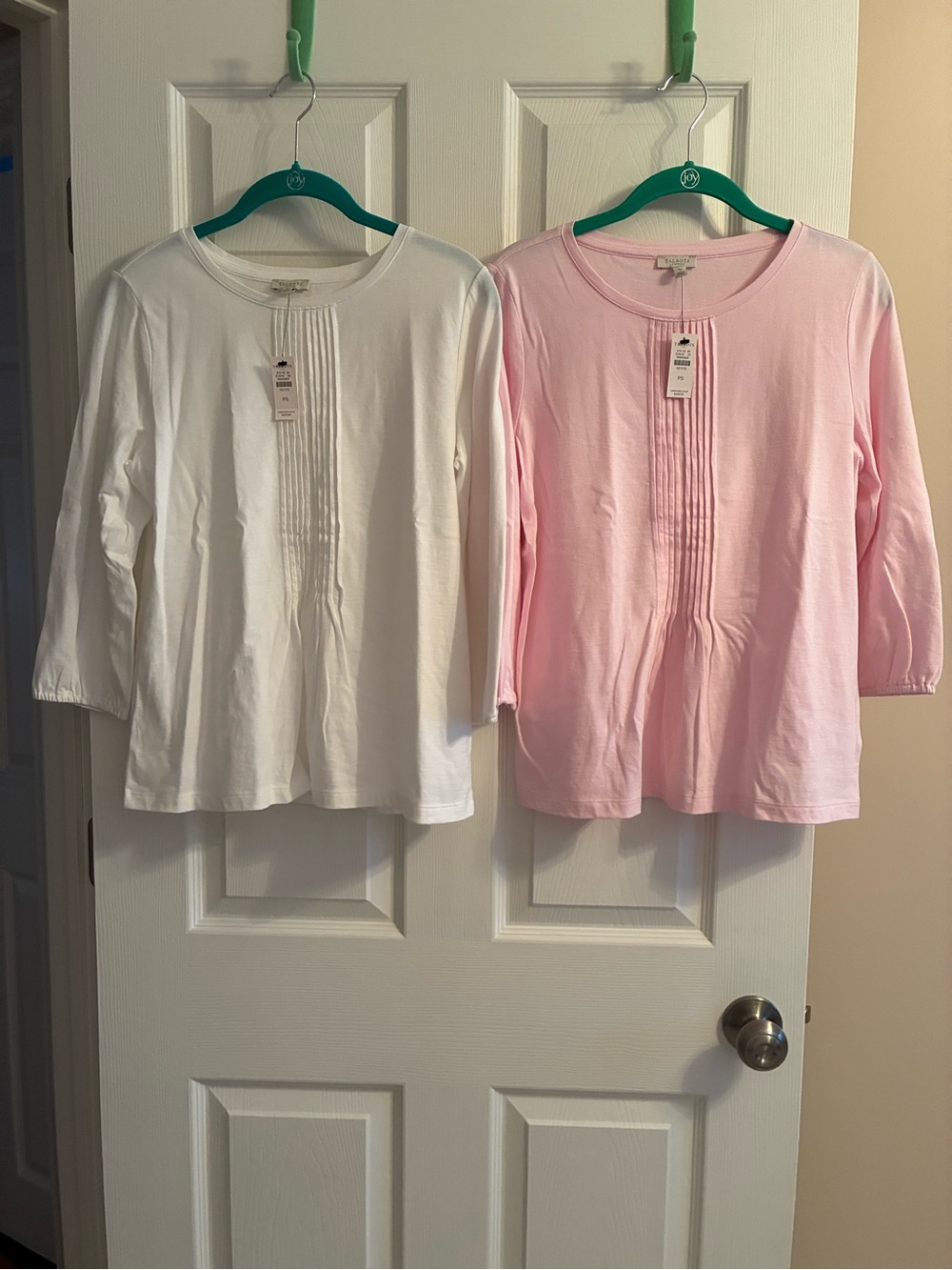 Two Talbots 3/4  Sleeve Pintuck Tee.
 One white and one pink.
Petite small.
NWT - Picture 2 of 12